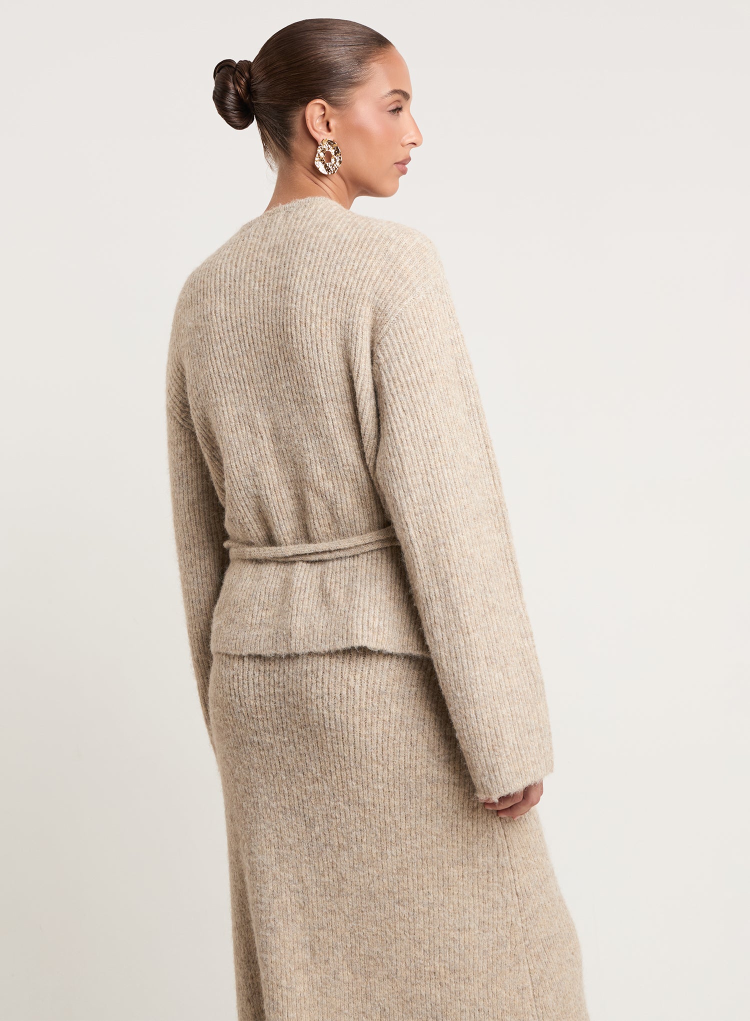Oatmeal Knitted Tie Front Wrap Top